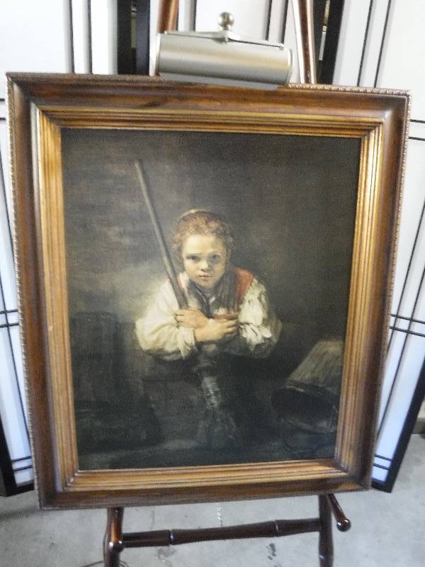 lot 7248 image:  Girl with a broom reproduction Rembrandt framed art with light