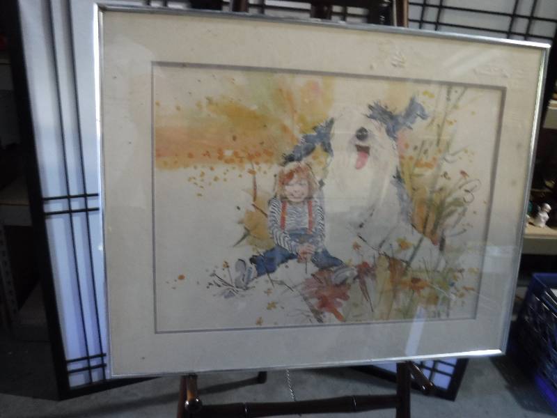 lot 7251 image: Child with a dog framed art