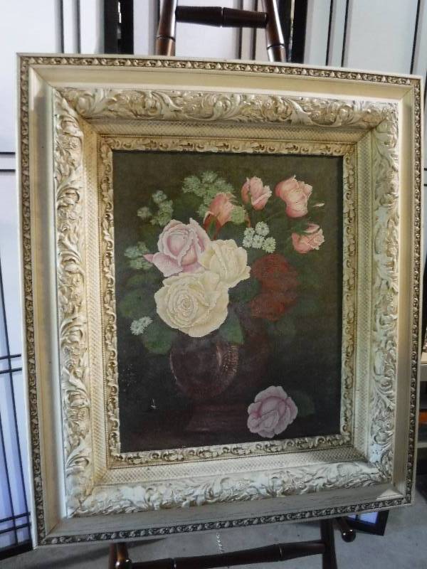 lot 7255 image: Very Nice framed floral painting- the frame is amazing