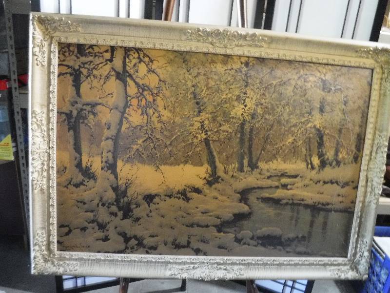 lot 7256 image: Winter creek scene framed art- very nice frame