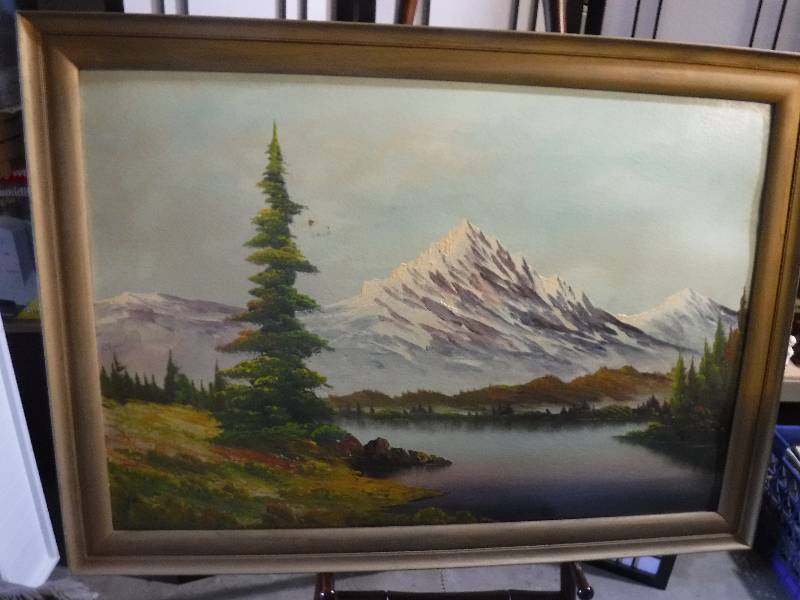 lot 7260 image: Mountain scene framed painting- small knick