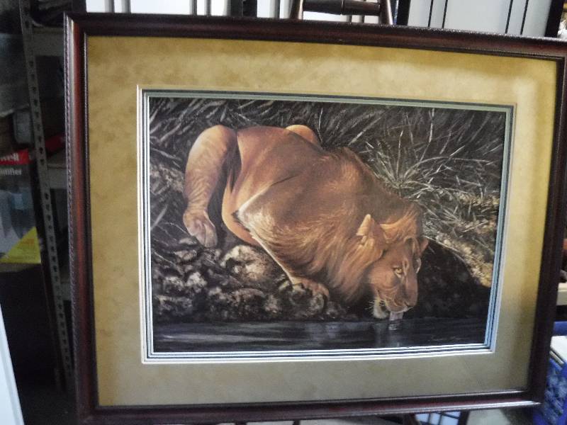 lot 7264 image: Framed signed lion art