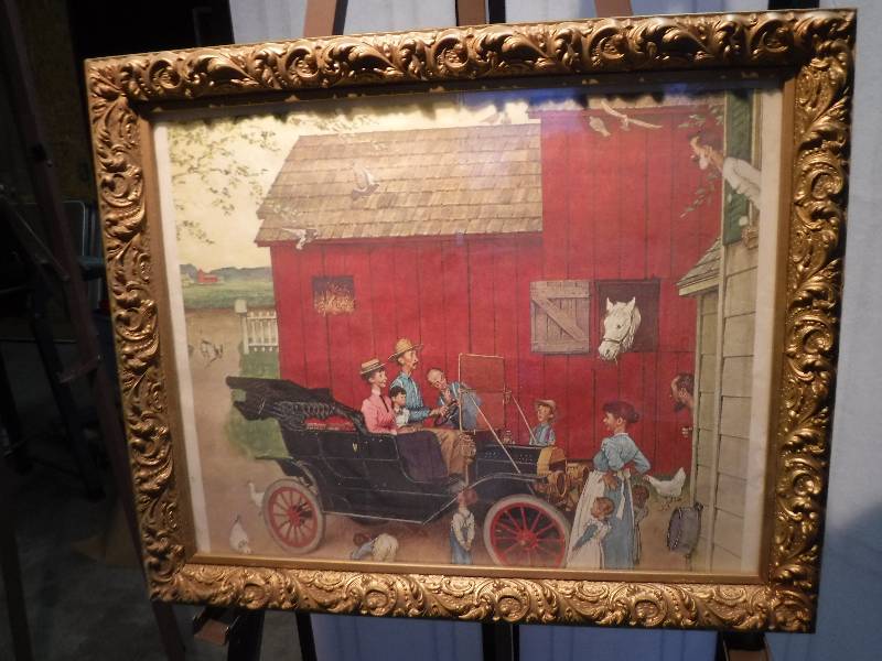 lot 7275 image: Family in front of a barn with a vintage car in a very nice frame art