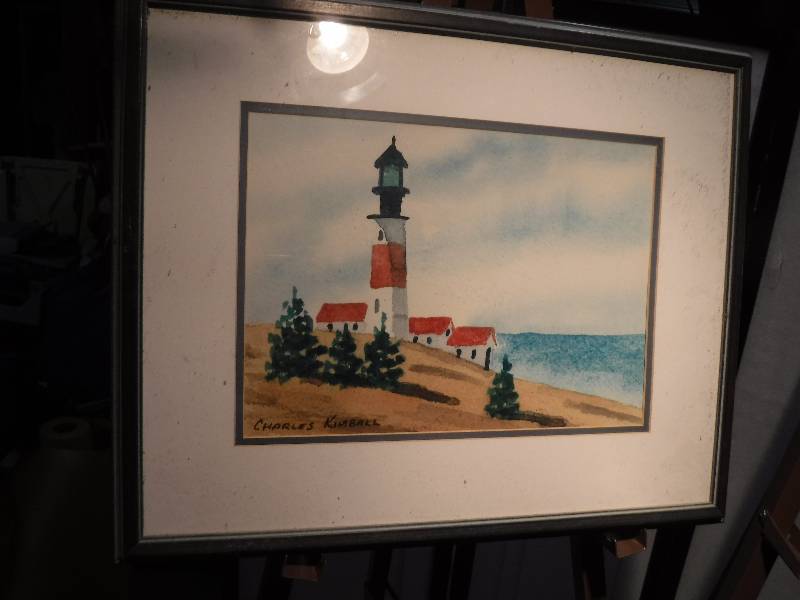 lot 7313 image: Light house in Sakaty Light Nantucket mass, painted by Charles N Kimball- signed and framed art