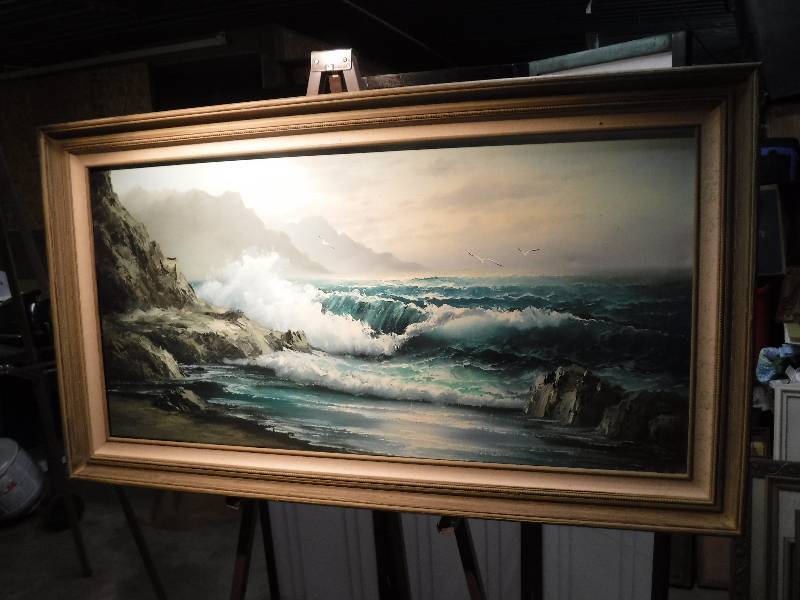 lot 7333 image: Very large beach scene on canvas framed art- sofa picture
