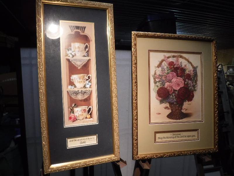 lot 7336 image: Home decor Floral and tea cups with religious quotes- nice frames