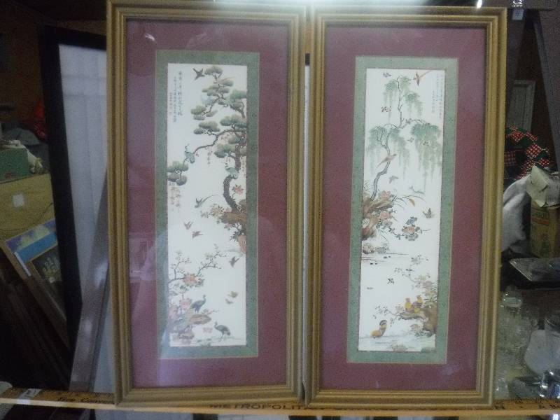 lot 7387 image: Oriental themed pair of framed pictures- very cool backing