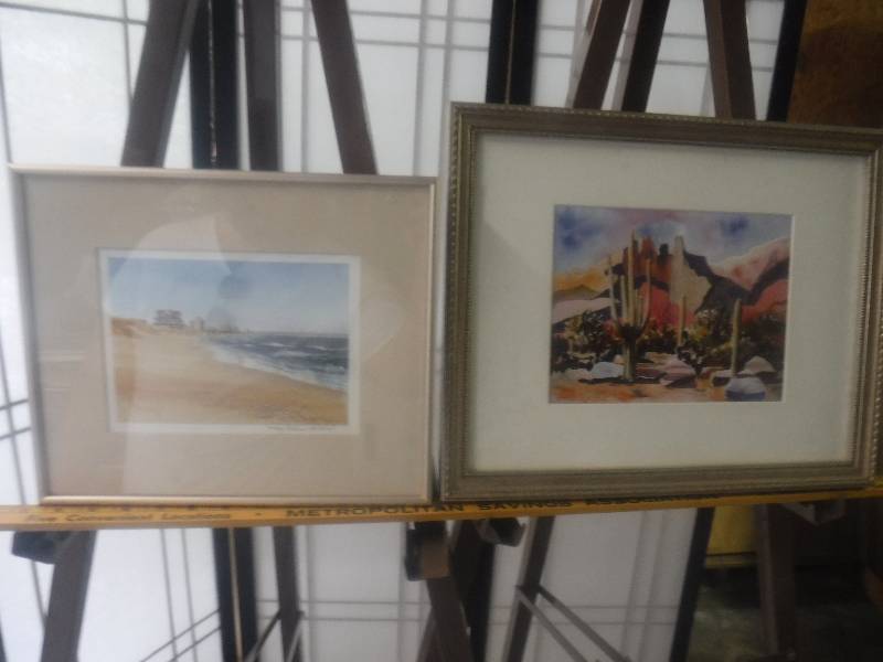 lot 7400 image: Sea shore painting by Mary Ellen Golden and Desert painting by Diana Madaras