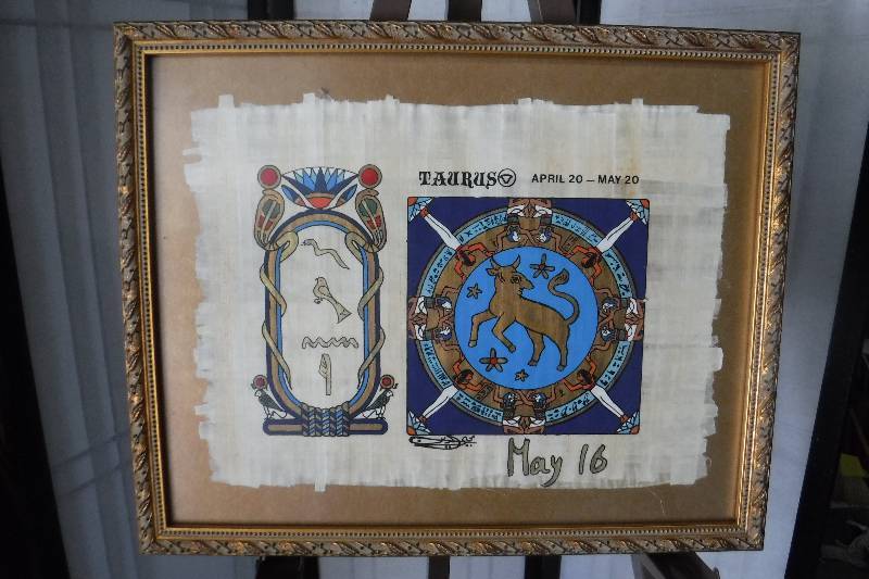 lot 7341 image: Replica Taurus Egyptian papyrus framed art- very cool
