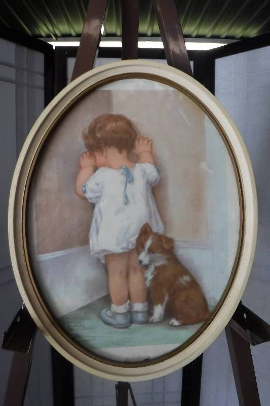lot 7348 image: Oval  In disgrace Child in time out framed picture- super cute