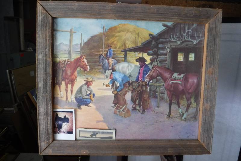 lot 7358 image: Barn wood framed Charlie Dye horse shoeing painting