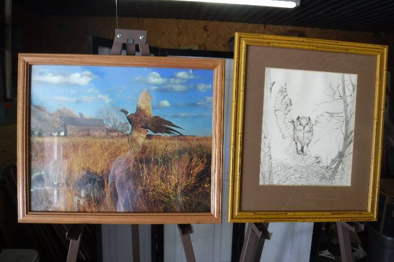 lot 7361 image: Owl sketch and pheasant picture