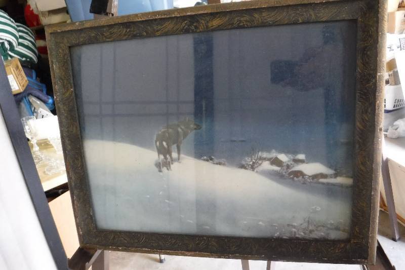 lot 7393 image: Wolf overlooking a village in the snow art
