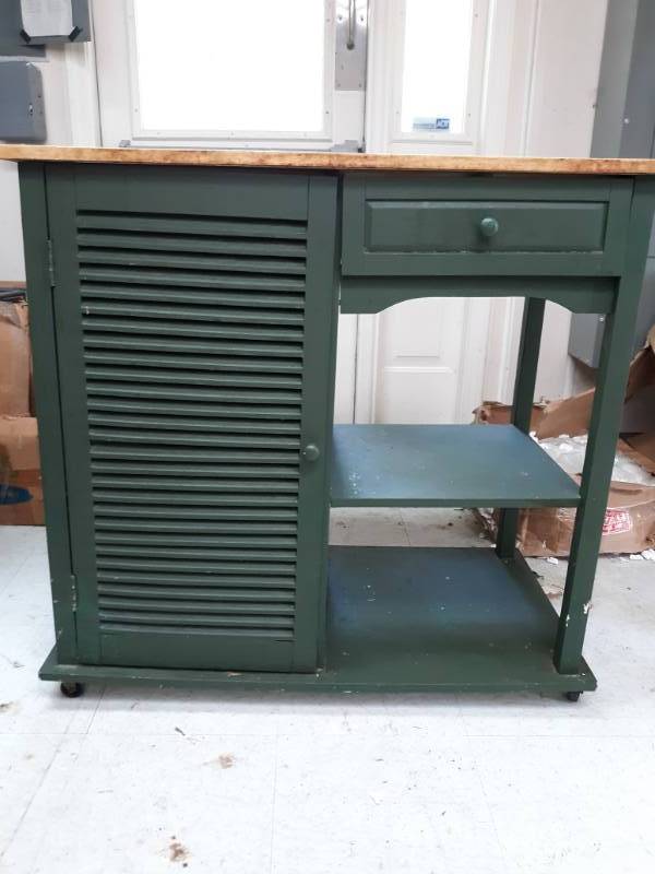 Painted Butcher Block Top Kitchen Island Cabinet And Metal Bakers