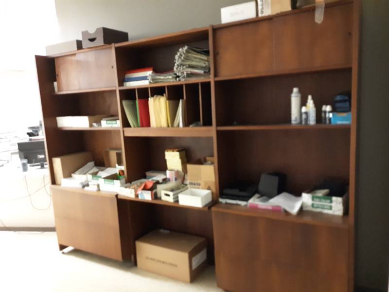 lot 10027 image: Office Desk and Hutch Credenza Contents Not Included
