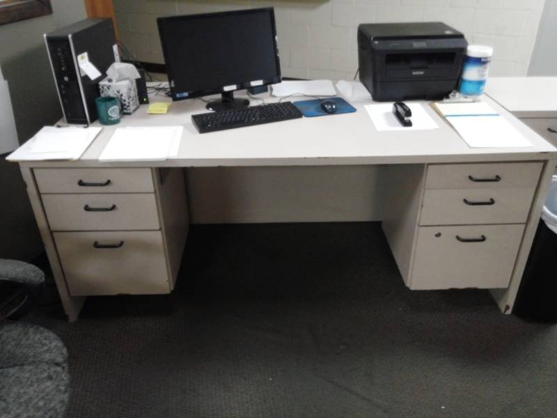 lot 10059 image: White Composite Desk w Extension Table Contents Not Included