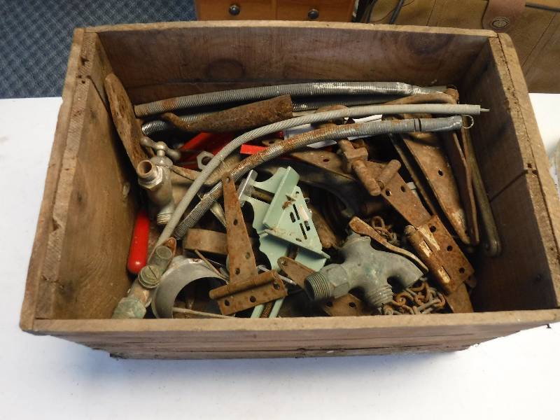 lot 6543 image: Wood crate with parts, hinges and other goodies
