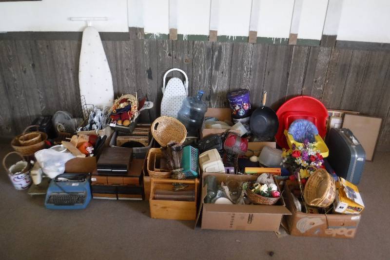 lot 7417 image: Large lot of mixed items- home decor- frames- ironing board- baby bouncer and more