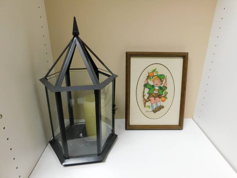 lot 3409 image: Wood Framed Art and Candlestick Lantern