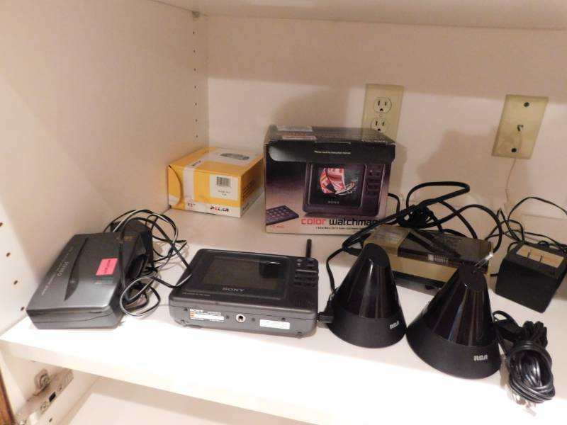lot 3454 image: Archer Triple and Double A Battery Charger, Sony Portable Color TV, Coby Cassette Player, RCA Speakers and Gemini VHS Rewinder