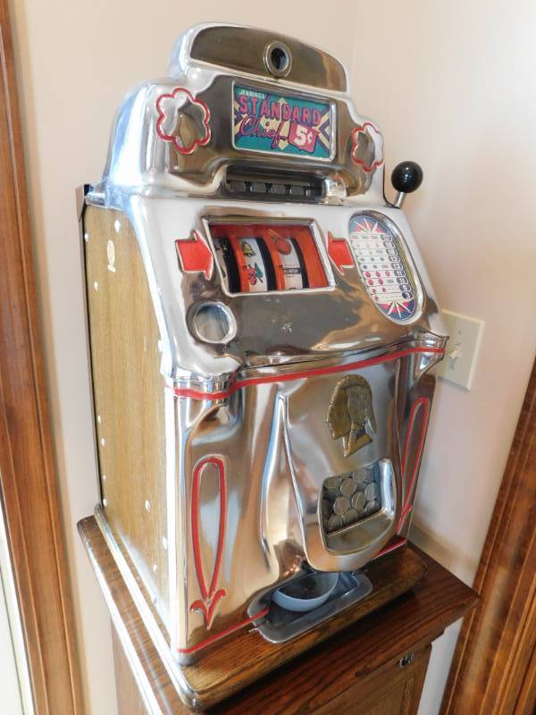 lot 3349 image: Antique OD Jennings & Company 5 Cent Manual Slot Machine