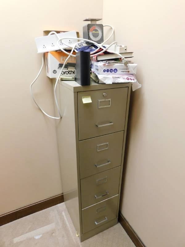 lot 3497 image: 4 Drawer File Cabinet, Power Strips, Backup Hard Drive and Pelouze Scale