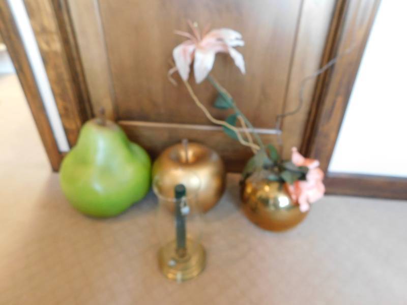 lot 3511 image: Brass Candle Stick Holder with Glass Globe, Decorative Fake Fruit and Brass Bowl with Decorations