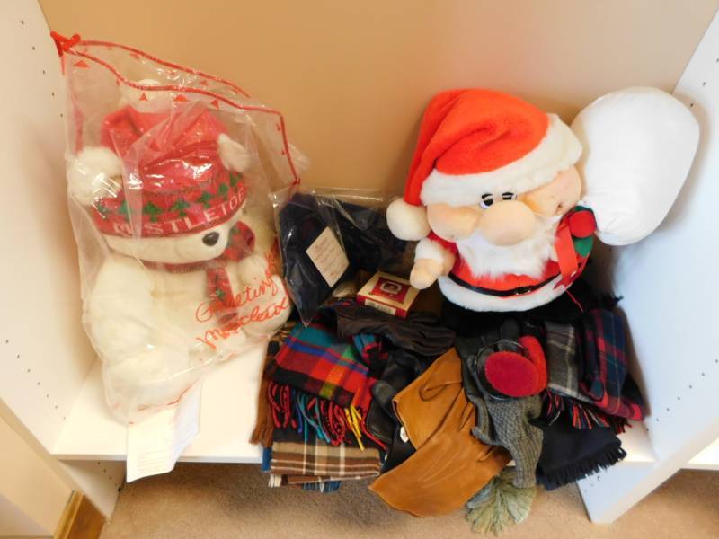 lot 3513 image: Stuffed Santa Clause, Mistletoe Stuffed Bear, Leather Gloves, Ear Muffs and Scarves
