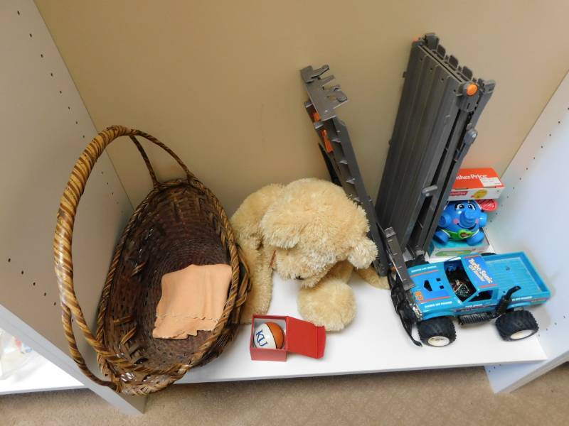 lot 3515 image: Fisher Price Bounce and Giggle Toy, Race Track, Stuffed Bear and Basket