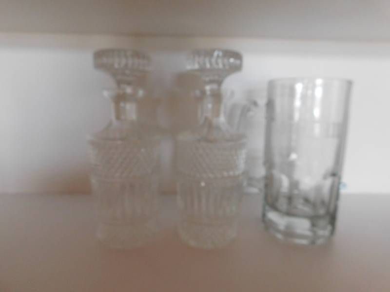 lot 3541 image: 2 Liquor Decanters and Large Glass Stein