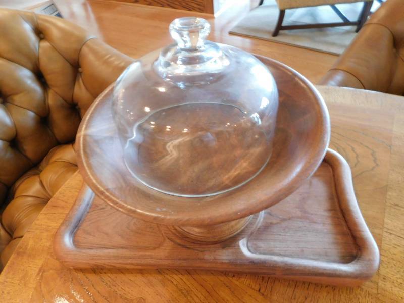 lot 3543 image: Wood Teak Platter with Wood Server Dish and Glass Cover