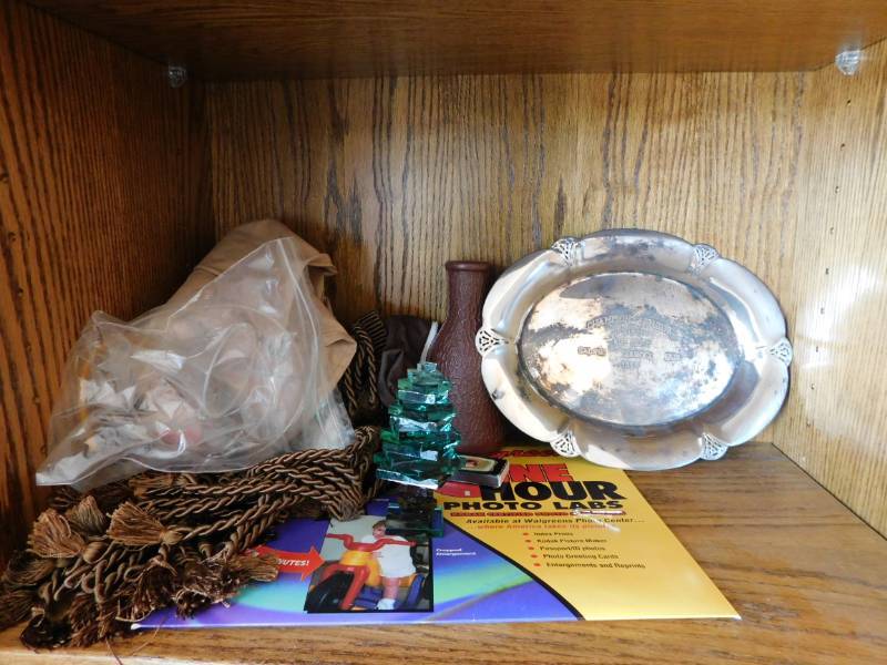 lot 3576 image: Gatco Brass Candle Holder with Glass Globe, Silver 1956 Saline County Fair Plate, Bluegate Beeswax Candles and Glass Tree