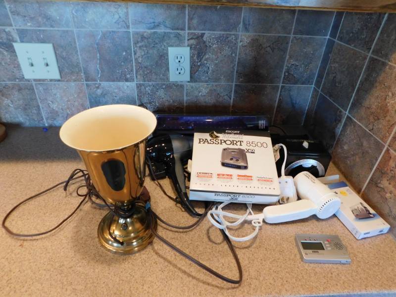 lot 3579 image: Brass Electric Lamp, Revlon Hair Dryer, Passport Radar Detector, Franz Electric Tempo and Japanese Ceramic Container