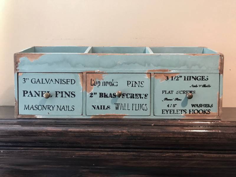 lot 2020 image: Antiqued Tabletop Wood decor  divider with drawers