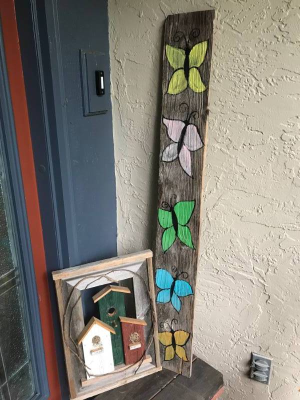 lot 2025 image: Rustic Wood signsdecor--perfect porch decor.   Painted barnwood butterfly sign and wood framed birdhouses