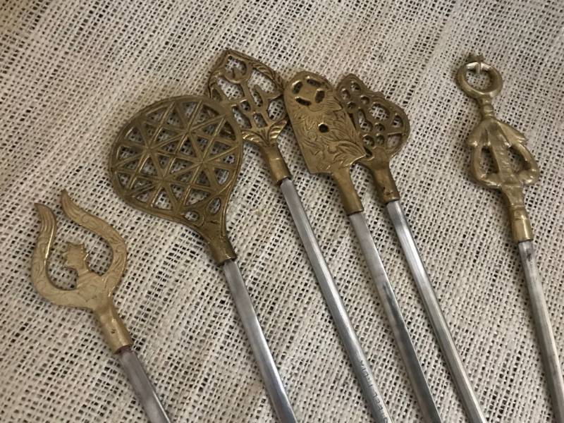 lot 2027 image: Vintage Set of Brass Stainless Steel India Skewers