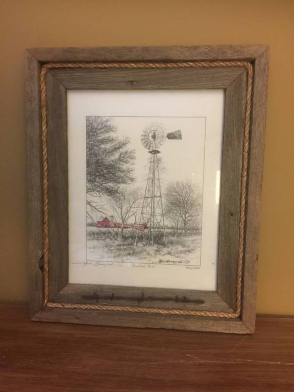 lot 2028 image: Farmhouse Decor- Barn wood framed windmill scene