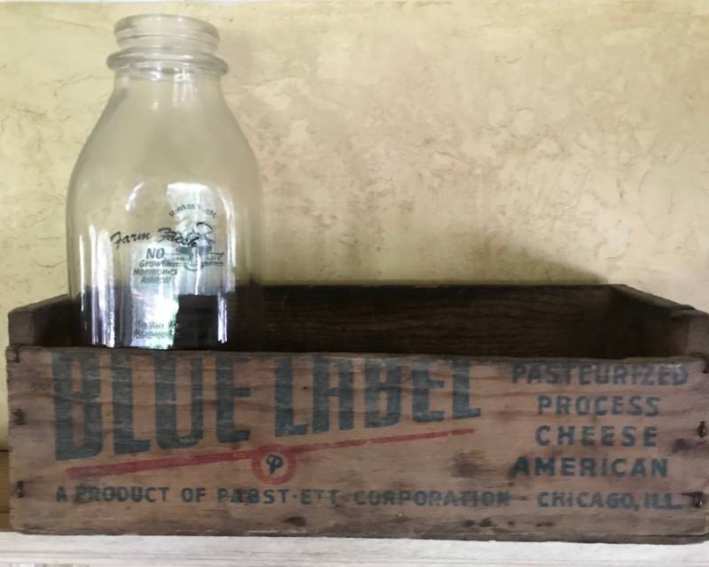 lot 2045 image: Vintage Blue Label American Cheese Box and Shatto glass milk jug