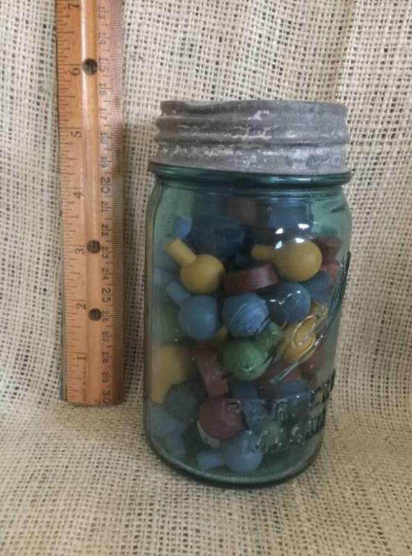 lot 2049 image: Vintage Mason Jar full of wood game pieces