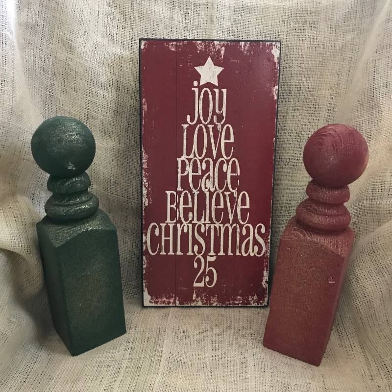 lot 2050 image: Wood Christmas Decor sign and redgreen pedestals