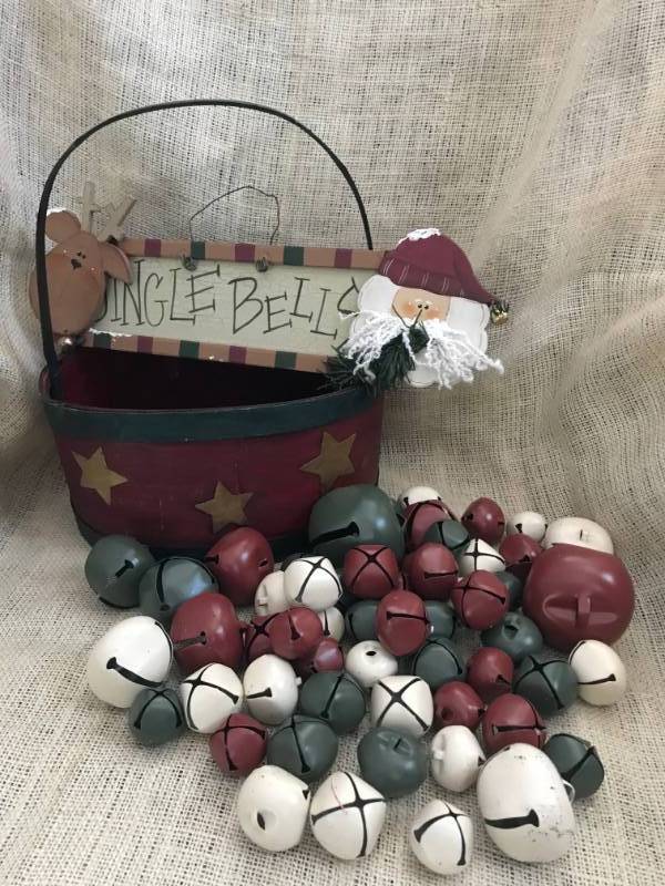 lot 2051 image: Jingle Bells--Basket, wood sign and lots of colored jingle bells