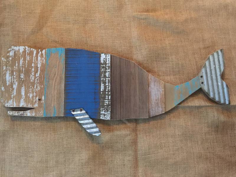 lot 2095 image: Rustic wood and tin Whale Wall Decor