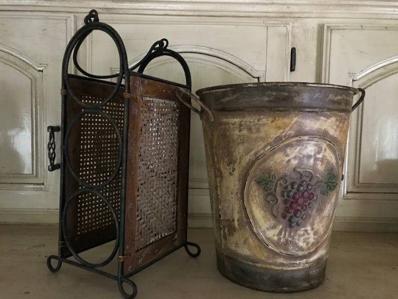 lot 2110 image: Metal and wicker wine holder and tin bucket