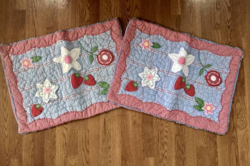 lot 2139 image: Set of 2 quilted pillow shams--red checked Spring strawberries