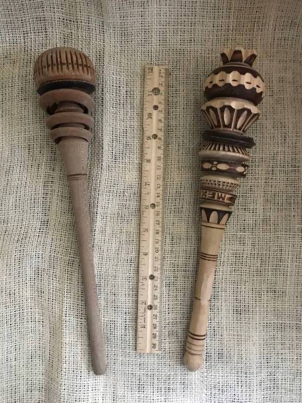 lot 2158 image: Set of 2 wooden Mexican chocolate whiskstirrer