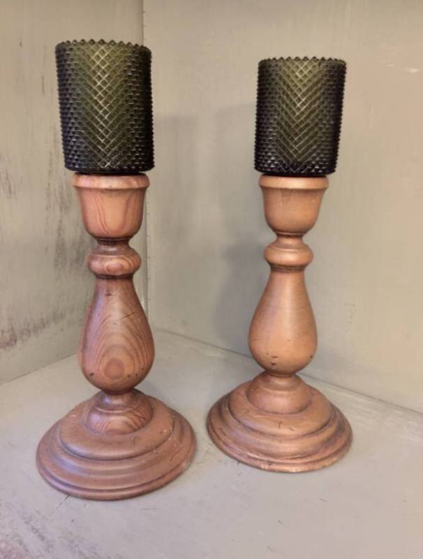 lot 2173 image: Set of wood candle sticks with beaded glass holders
