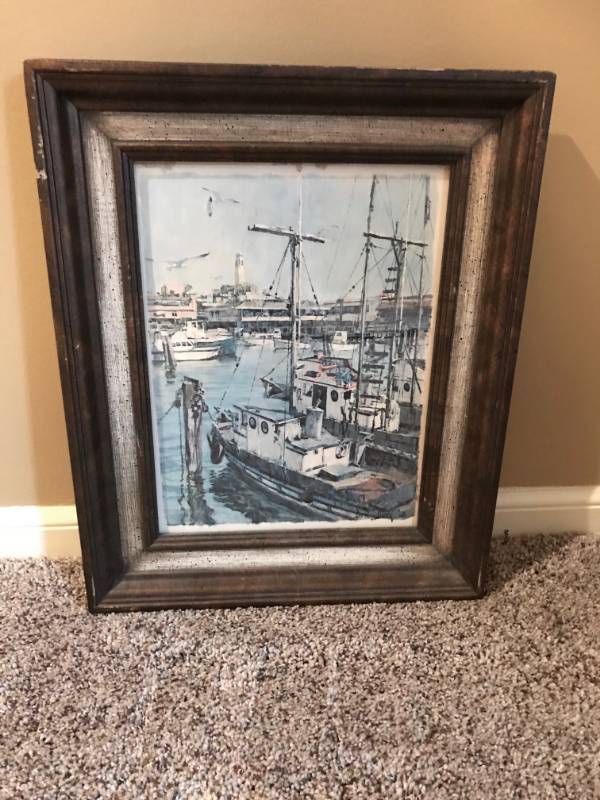 lot 2189 image: Vintage Framed Picture of Fishing Boats in Harbor