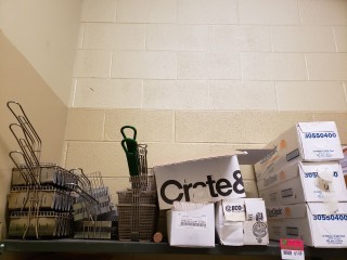 lot 6149 image: 9 Indutrial Fryer Drop Pans (3 Taco, 2 Hashbrown,4 Fry Baskets 3 Cases of 18 inch Food Wrap Lot