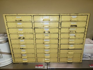 lot 6172 image: Mustard Yellow Organizer Bin 27 Drawer -Contents Included