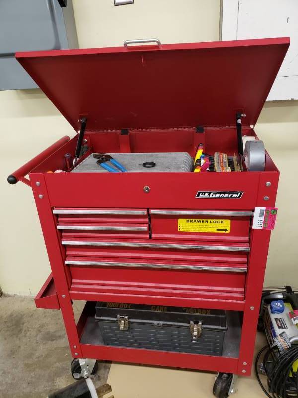 lot 6365 image: U.S. General Red Toolbox on Wheels -Contents Included